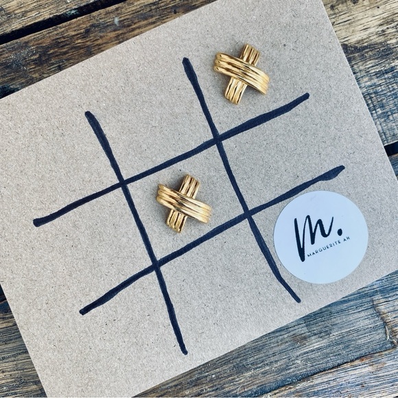 Vintage 80’s Napier Gold Tone Cross X Earrings Surgical Steel Post - Picture 3 of 6